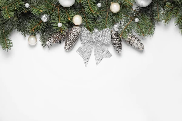 Christmas decoration on white background, top view. Space for text — Stock Photo, Image