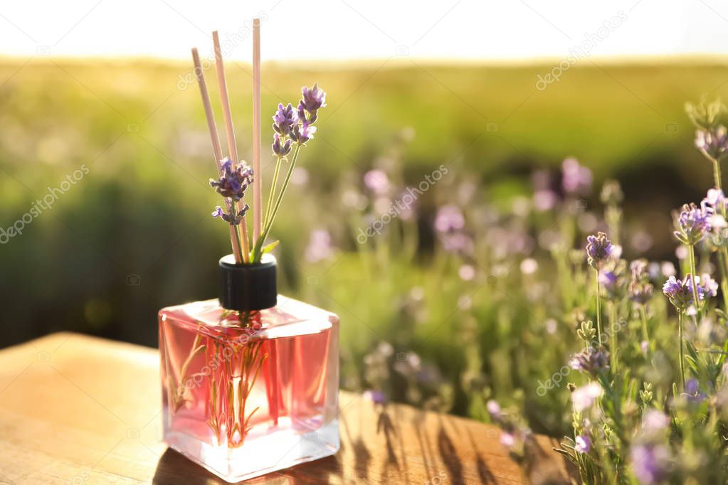 Reed air freshener with oil and fresh lavender flowers on wooden table in blooming field. Space for text