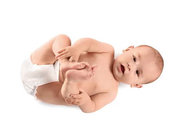 Schattige kleine baby op witte achtergrond, Top uitzicht — Stockfoto
