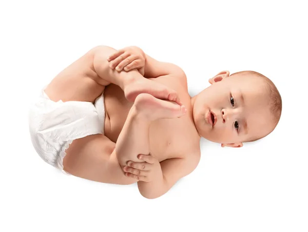 Lindo bebé sobre fondo blanco, vista superior — Foto de Stock