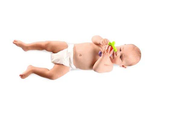 흰색 배경에 장난감이있는 귀여운 아기, 상단보기 — 스톡 사진