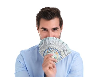 Beyaz arka planda dolar ile Yakışıklı işadamı