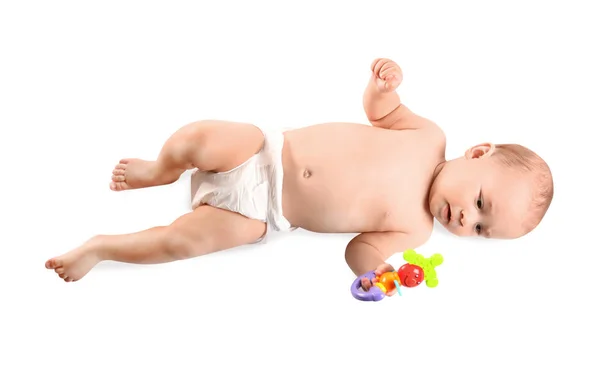 Cute little baby with toy on white background, top view — Stock Photo, Image