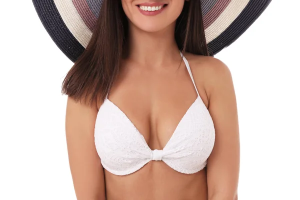 Mooie sexy vrouw met slank lichaam in stijlvolle bikini op witte achtergrond, close-up bekijken — Stockfoto