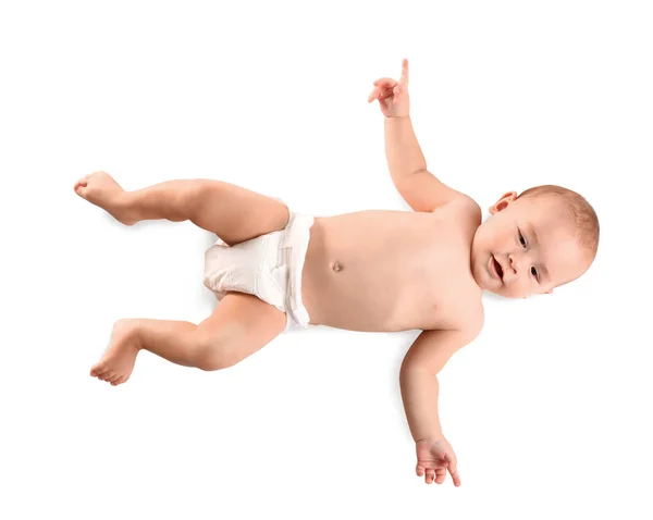 Bebé bonito no fundo branco, vista superior — Fotografia de Stock