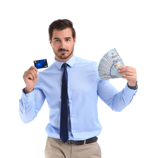 Όμορφος επιχειρηματίας με δολάρια και πιστωτική κάρτα σε λευκό φόντο — Φωτογραφία Αρχείου