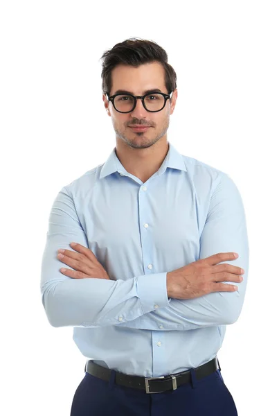 Young male teacher with glasses on white background — Stock Photo, Image