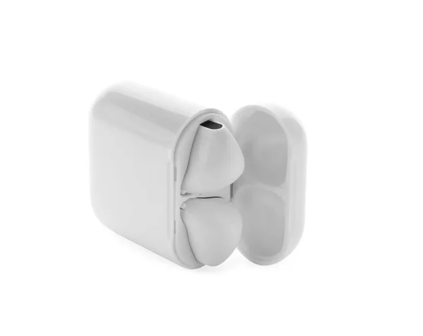 Modern wireless earphones in charging case on white background