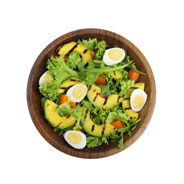 Výtečný avokátový salát s vařenými vejci v misce na bílém pozadí, pohled shora — Stock fotografie