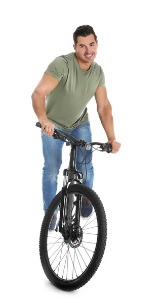 Красивый молодой человек с современным велосипедом на белом фоне — стоковое фото