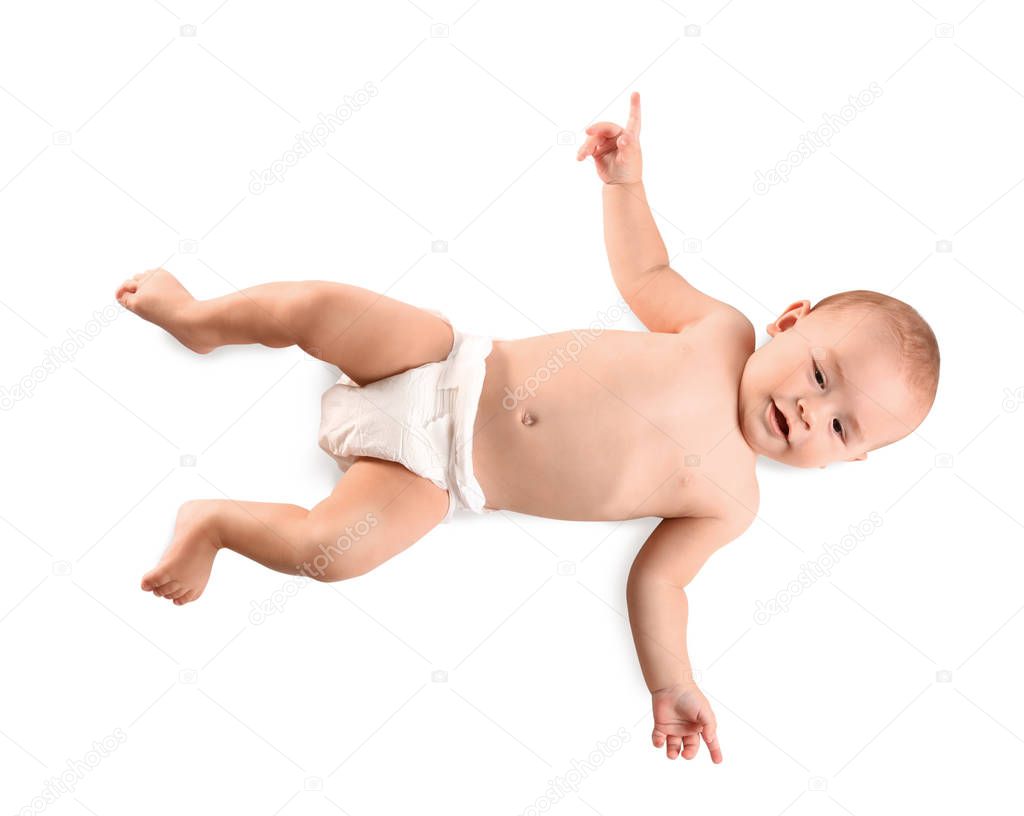 Cute little baby on white background, top view