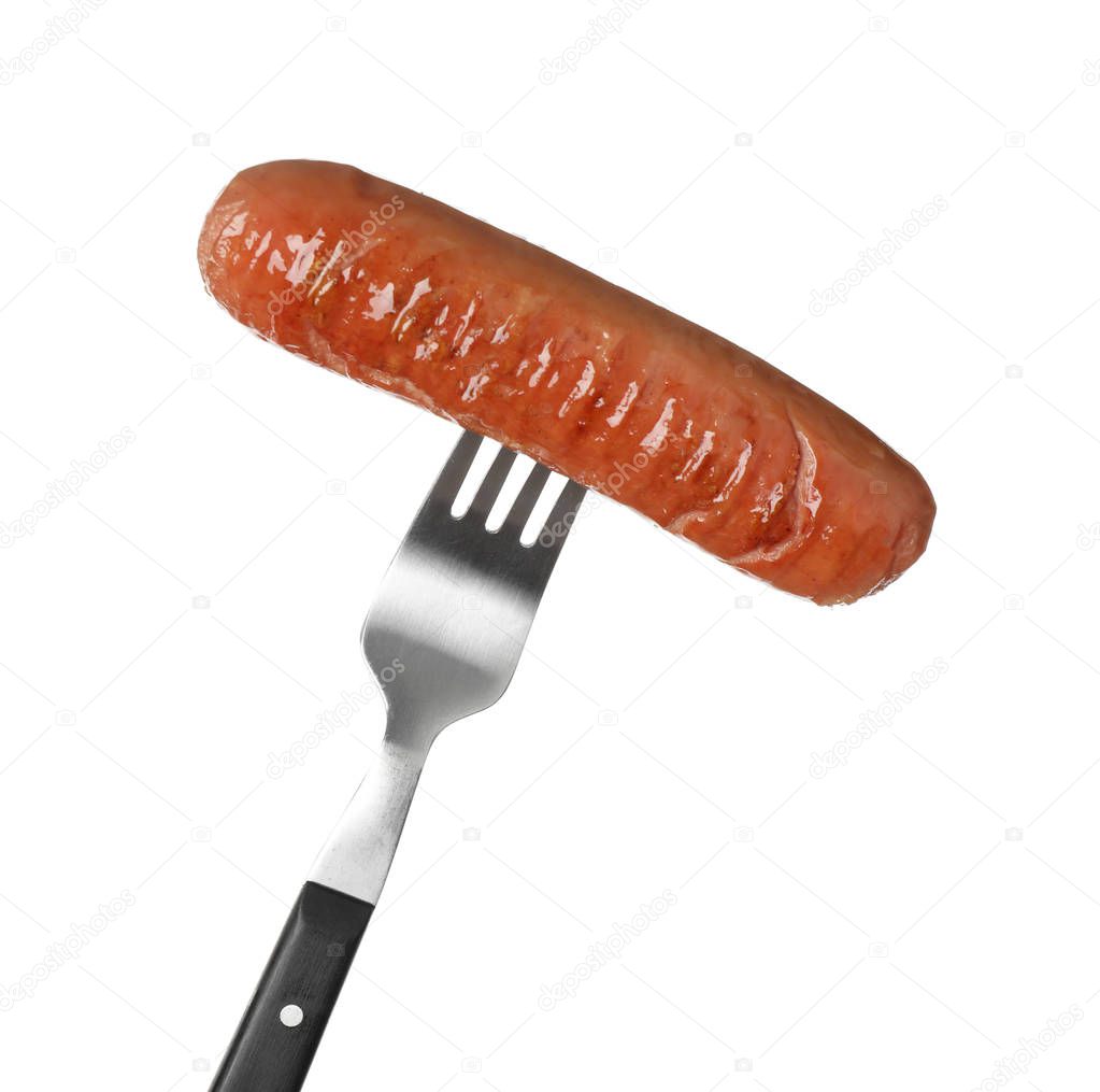 Delicious grilled sausage on fork against white background. Barbecue food
