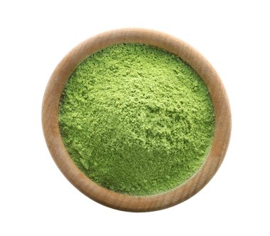 Beyaz arka plan üzerinde buğday çim tozu ile Kase, üst görünümü