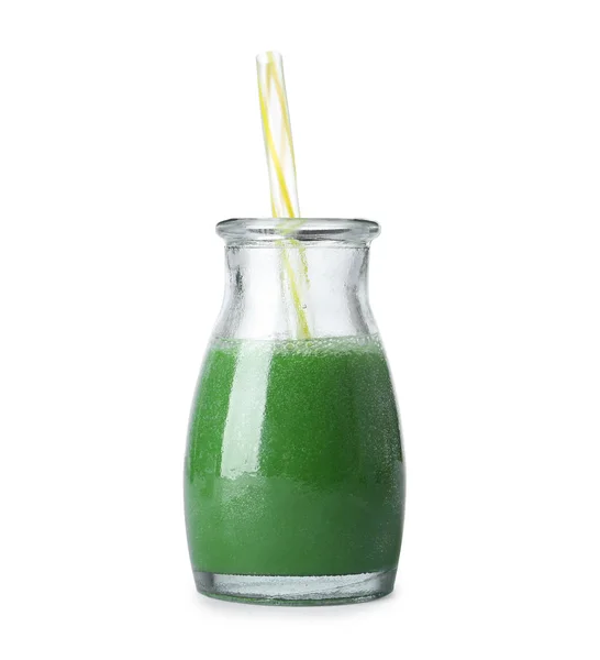 Frischer Weizengrassaft und Stroh in Glasflasche auf weißem Hintergrund — Stockfoto