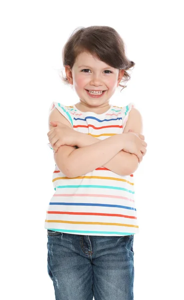 Retrato de linda niña en traje casual sobre fondo blanco —  Fotos de Stock