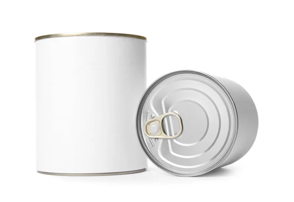 Closed tin cans isolated on white, mockup for design — Stock Photo, Image