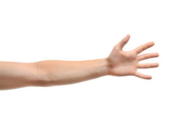Young man held out hand on white background, closeup clipart