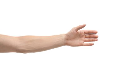 Young man held out hand on white background, closeup clipart