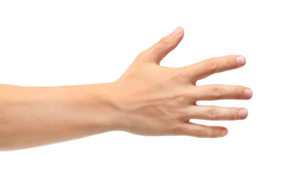 Young man held out hand on white background, closeup — Stock Photo, Image