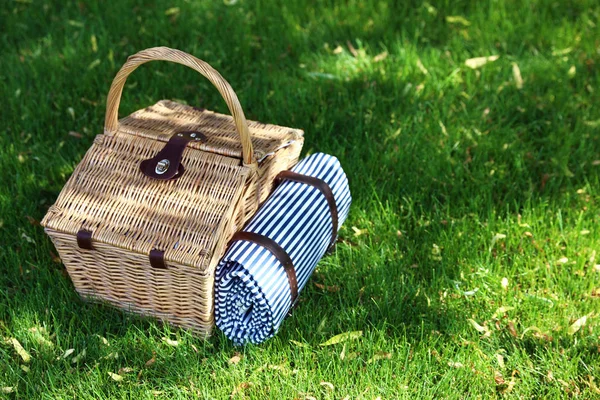 Piknikový koš s přikrývkou na zeleném trávníku v zahradě. Místo pro text — Stock fotografie