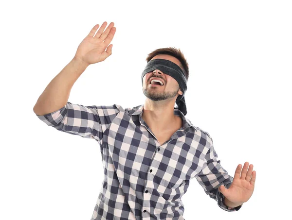 Young man with black blindfold on white background — Stock Photo, Image