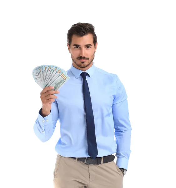 Handsome businessman with dollars on white background — Stock Photo, Image