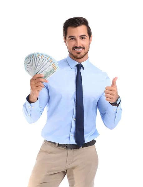 Hombre de negocios guapo con dólares sobre fondo blanco —  Fotos de Stock