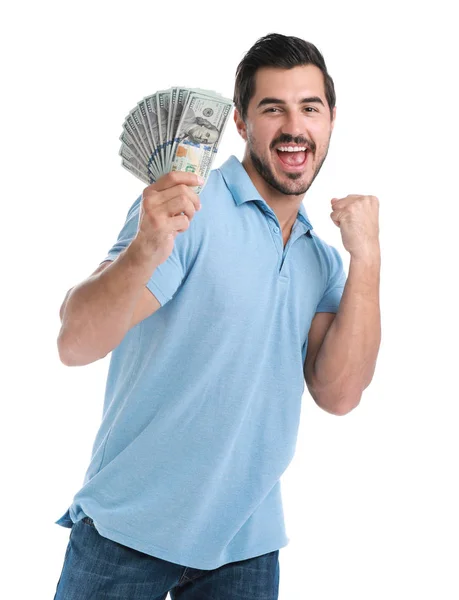 Handsome young man with dollars on white background — Stock Photo, Image