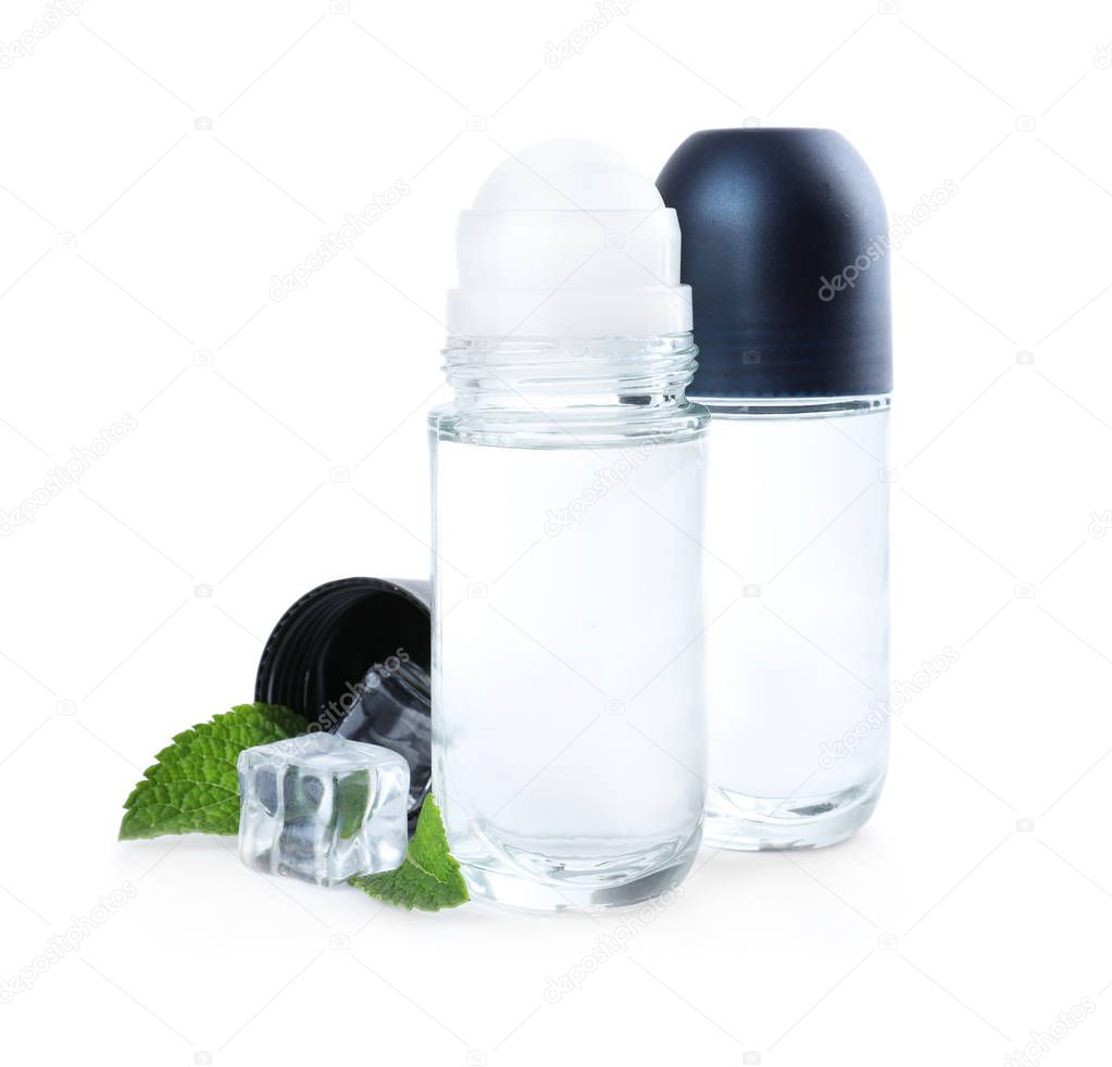 Natural male roll-on deodorants with ice and mint on white background. Skin care