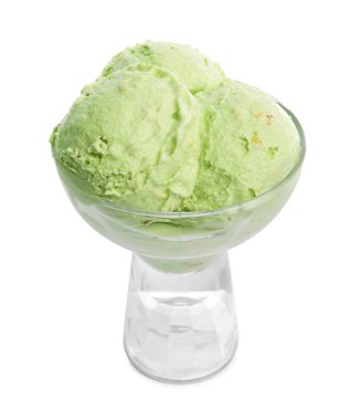 Beyaz arka plan üzerinde tatlı antep fıstığı dondurma Dishware