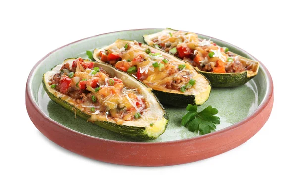 Plate of delicious stuffed zucchini on white background — Stock Photo, Image