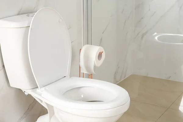 Toilet mangkuk dekat shower stall di interior kamar mandi modern — Stok Foto