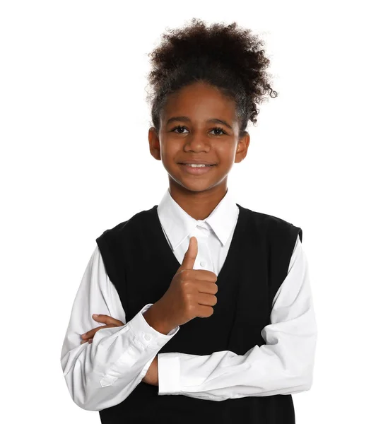 Gelukkig Afrikaans-Amerikaans meisje in school uniform op witte achtergrond — Stockfoto