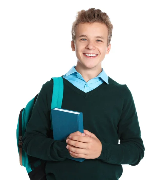 Szczęśliwy chłopak w szkole mundur na białym tle — Zdjęcie stockowe