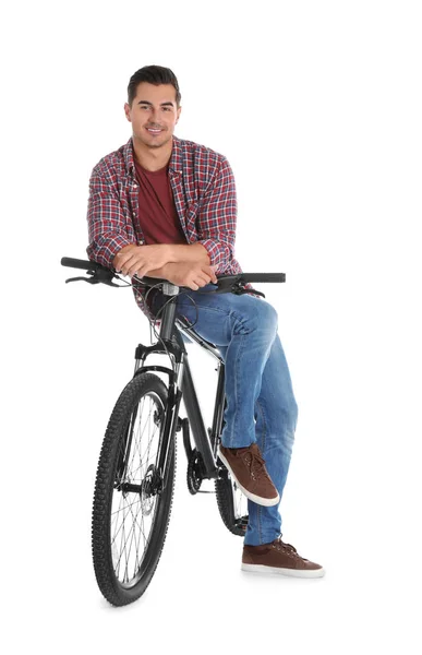 Beyaz arka plan üzerinde modern bisiklet ile Yakışıklı genç adam — Stok fotoğraf