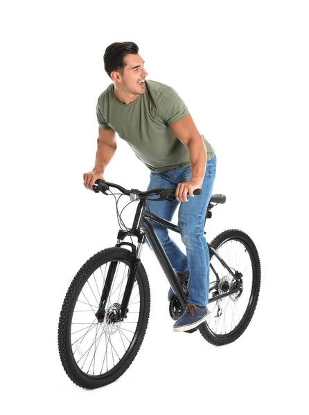 Pohledný mladý muž s moderním bicykl na bílém pozadí — Stock fotografie