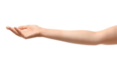 Genç kadın beyaz arka plan üzerinde bir şey tutan, closeup