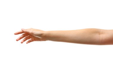Young woman reaching hand for shake on white background, closeup clipart