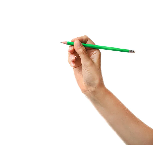 Jeune femme tenant crayon sur fond blanc, gros plan — Photo