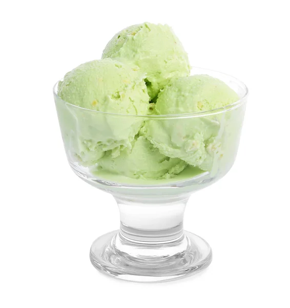 白色背景上甜开心果冰淇淋的餐具 — 图库照片