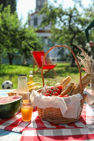 Different products for summer picnic served on checkered blanket outdoors