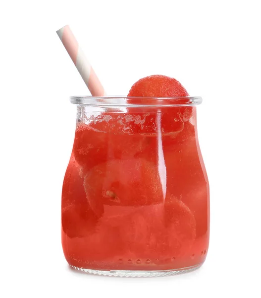 Glasburk med vattenmelon Ball cocktail på vit bakgrund — Stockfoto