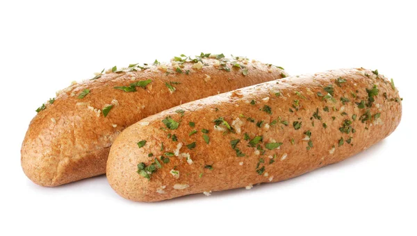 Beyaz arka plan üzerinde sarımsak ve ot ile ekmek Somunlar — Stok fotoğraf