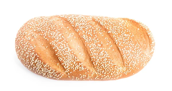 Loaf of fresh bread with sesame seeds on white background, top view — Stock Photo, Image