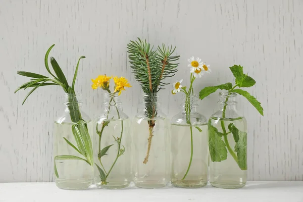 Frascos de vidrio de diferentes aceites esenciales con plantas sobre la mesa — Foto de Stock