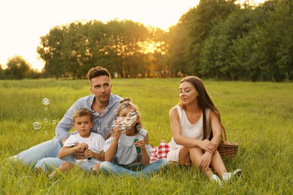 Lycklig familj blåser tvål bubblor i parken vid solnedgången. Sommar picknick — Stockfoto