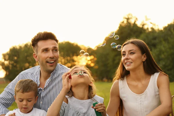 Lycklig familj blåser tvål bubblor i parken vid solnedgången. Sommar picknick — Stockfoto