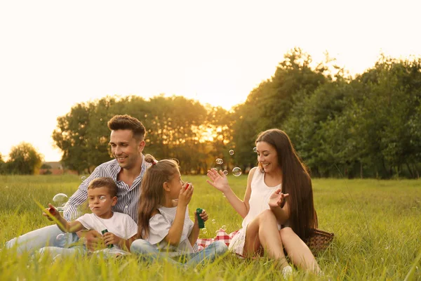 Glückliche Familie pustet Seifenblasen im Park bei Sonnenuntergang. Sommerpicknick — Stockfoto