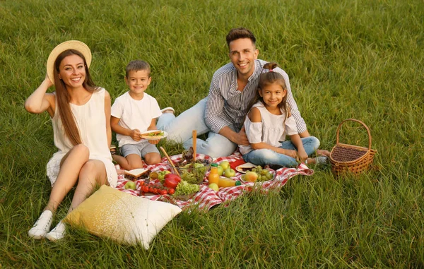 Happy family having picnic in park on summer day — Stock Photo, Image