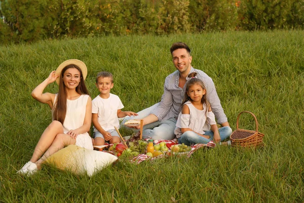 Família feliz fazendo piquenique no parque no dia de verão — Fotografia de Stock
